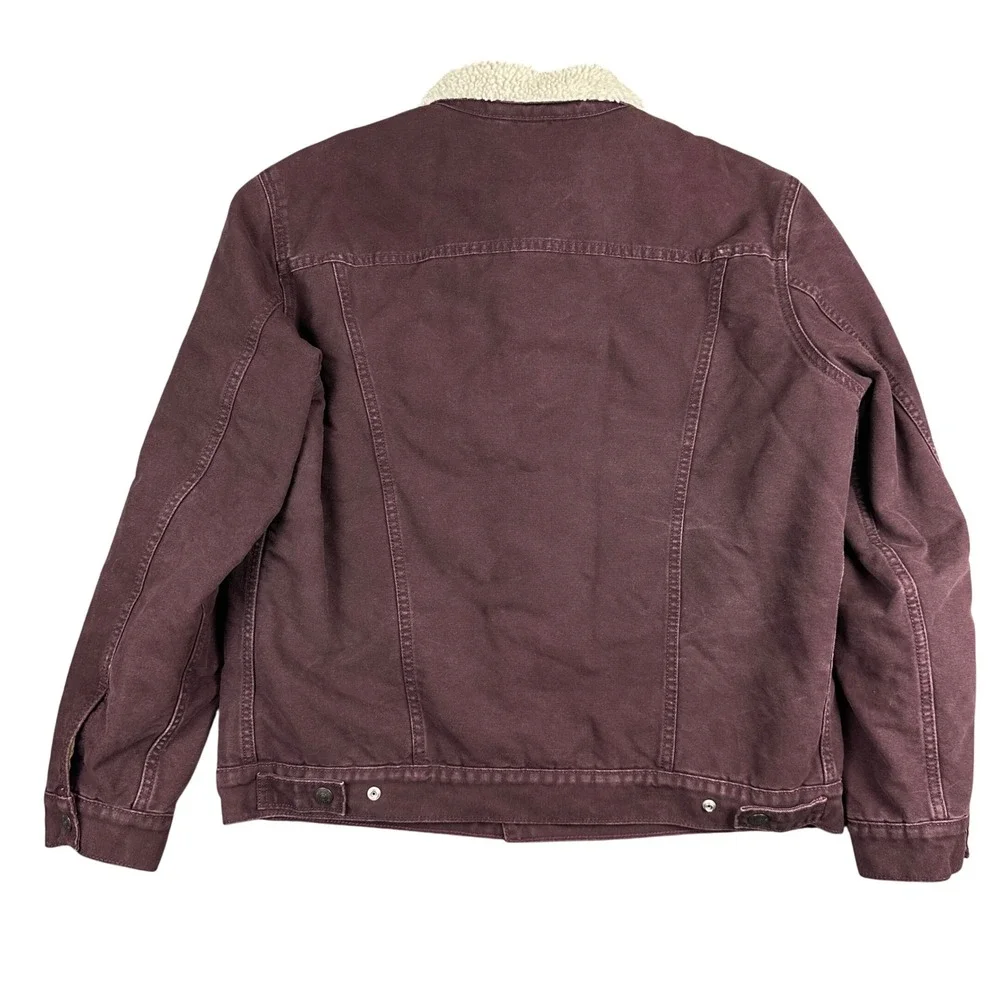 Levi's Sherpa Lined Trucker Jacket Burgundy Maroon Canvas Workwear Coat Mens L